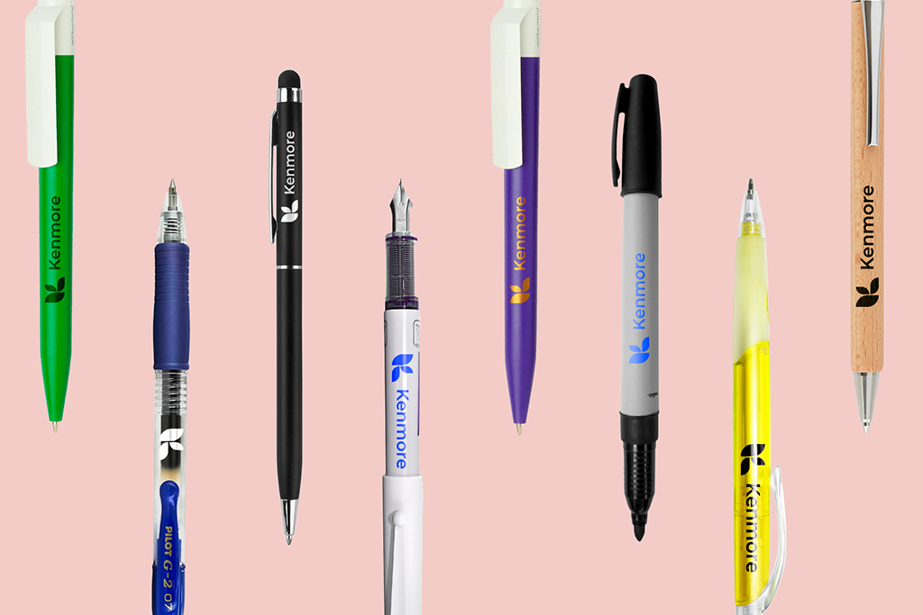 flat lay different branded pens with a logo